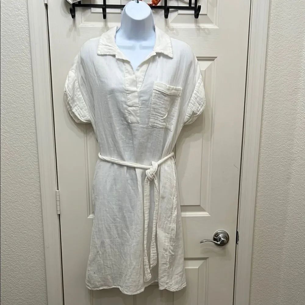 Joe Fresh White Midi Dress 💯% Cotton VNeck Pocket Short Sleeve Belt Summer Beach